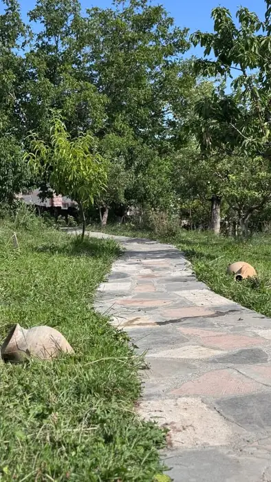 The stone path in high summer, clay jars in the long grass
